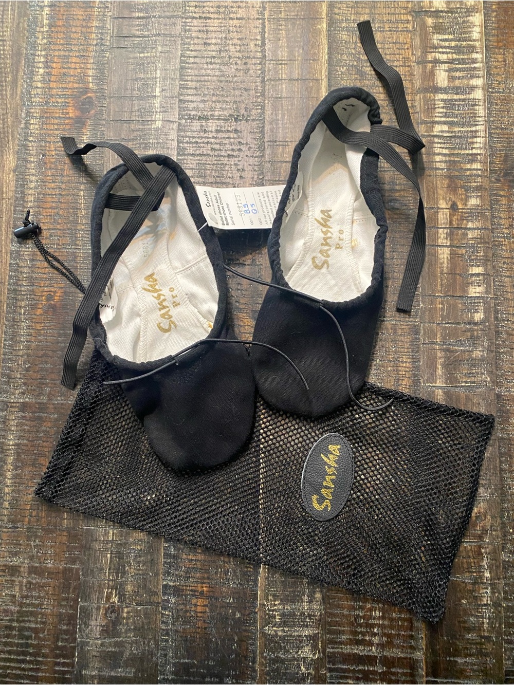 Sansha Black Ballet Flats with Mesh Carry Bag Unisex 13 M